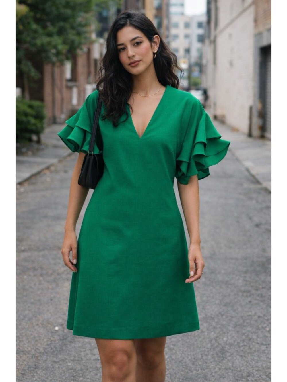 Feminine Ruffle Sleeves Deep V-Neck Zara Mini Shift Dress Green XS Preppy Chic